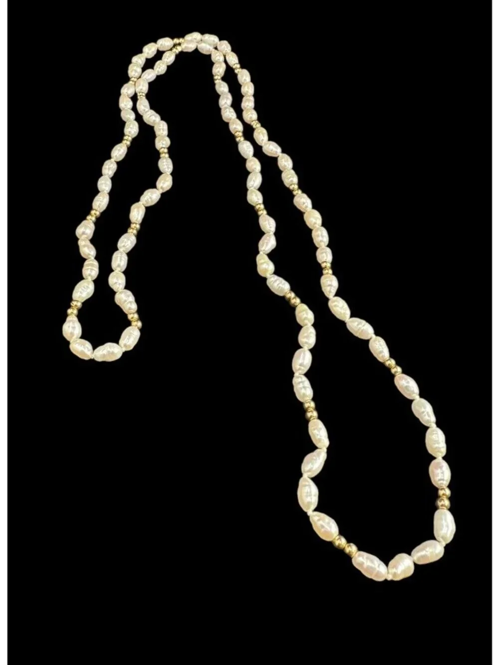 Necklace 10k Yellow Gold Beads And Rice Pearl Vintage 30 Inches Long